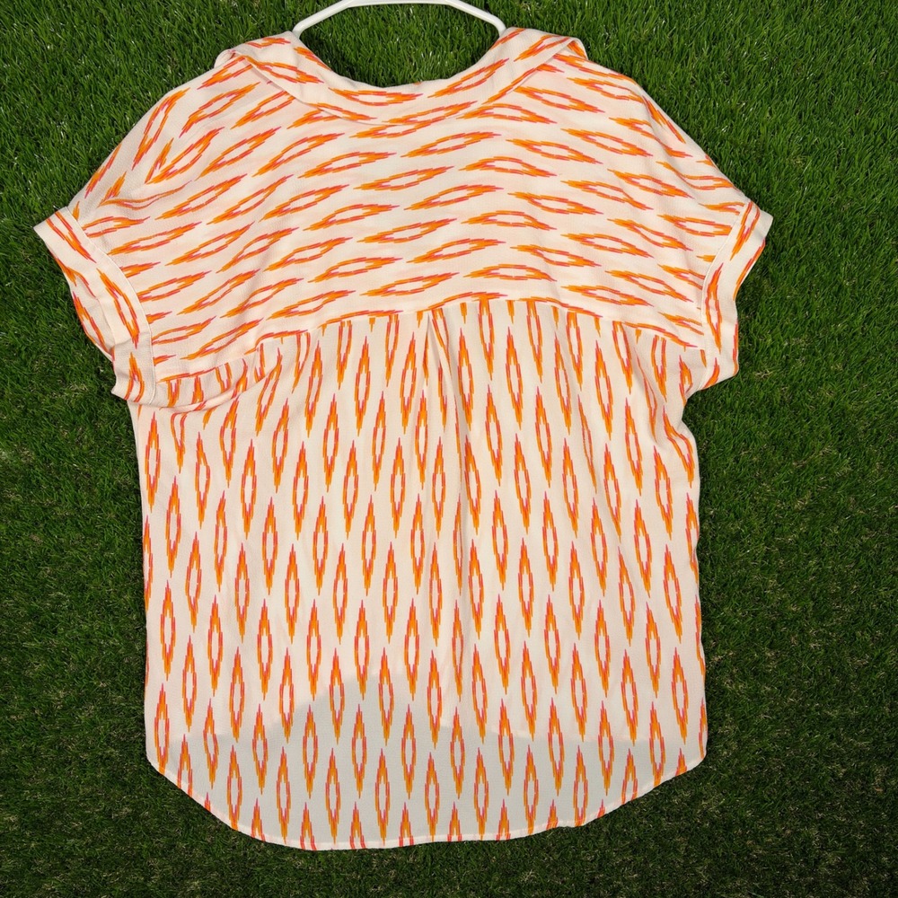 Investments Womens Orange Ikat Print Short Sleeve Button Up Top Blouse Sz M BOHO - Picture 3 of 6